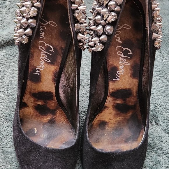 Sam Edelman Lorissa black spiked pumps open toe leather studded heels size 9 - Picture 1 of 7